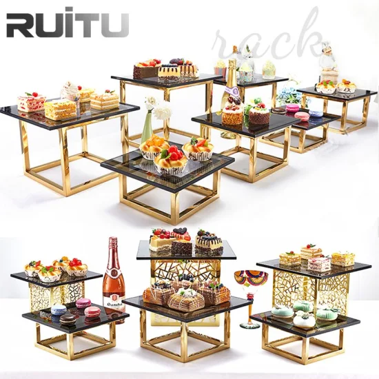 Restauration Buffet Article Décorateur De Gâteau Miroir Cube Carré Riser Cadre Rack pour Étages Buffet Plateau De Service Verre Or Table Alimentaire Cupcake Dessert Présentoir